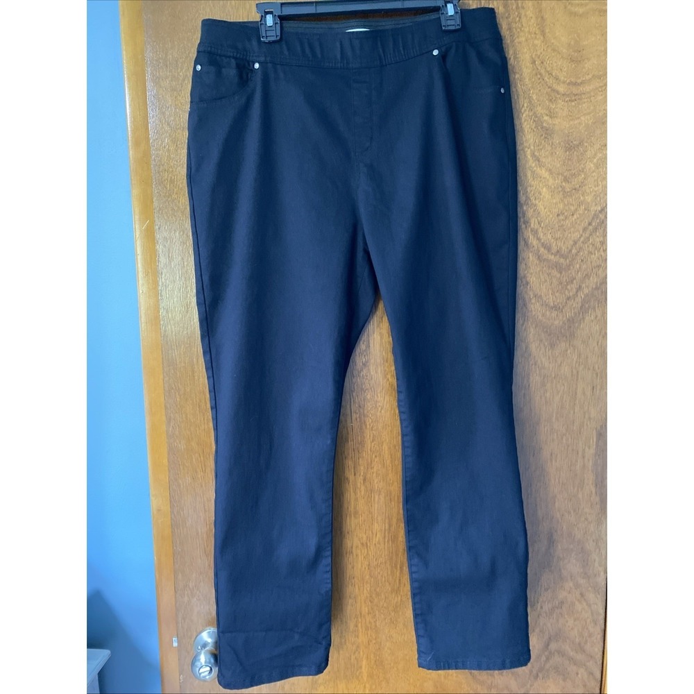 Kim Rogers Black Flat Front Pull On Pants Women Size 16 Short Straight Leg
